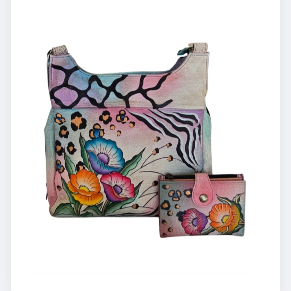 Anuschka Hand Painted Leather Hobo Shoulder Bag Floral w/ Matching Wallet